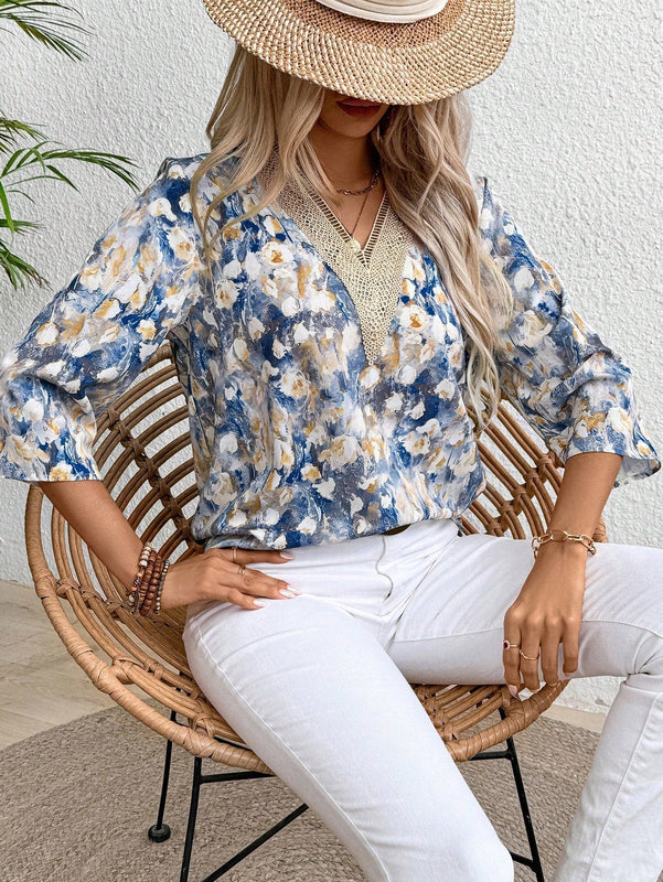 Clasi Blusa casual de verano para mujer con estampado floral y escote en V
