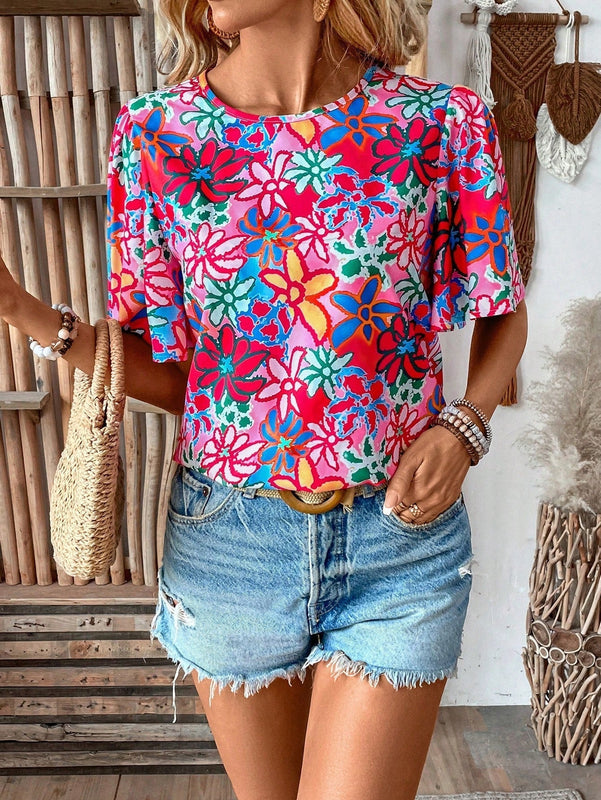 LUNE Camisa casual de verano estampada floral con cuello redondo