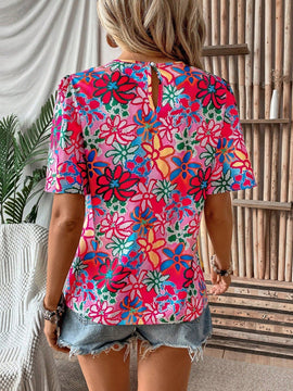 LUNE Camisa casual de verano estampada floral con cuello redondo