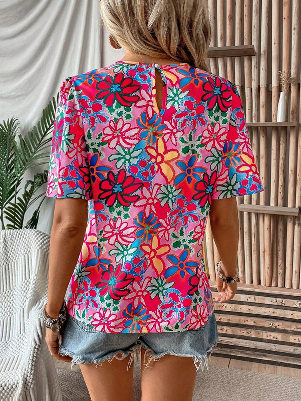 LUNE Camisa casual de verano estampada floral con cuello redondo