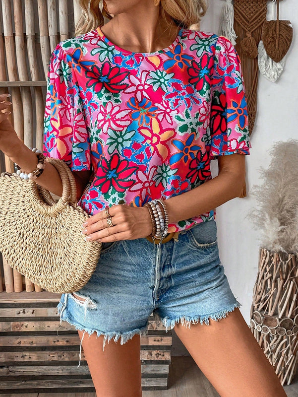 LUNE Camisa casual de verano estampada floral con cuello redondo