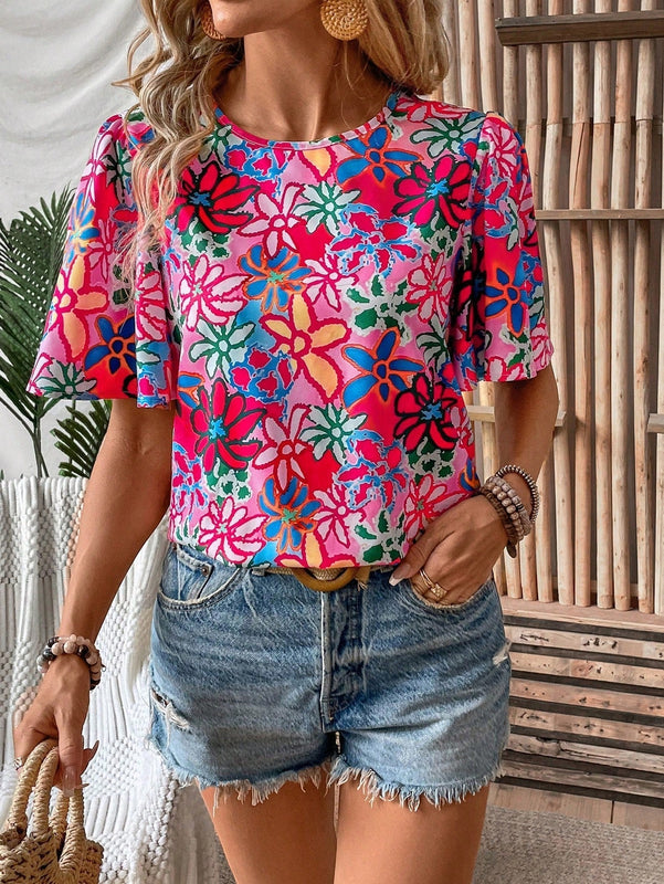 LUNE Camisa casual de verano estampada floral con cuello redondo