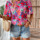 LUNE Camisa casual de verano estampada floral con cuello redondo