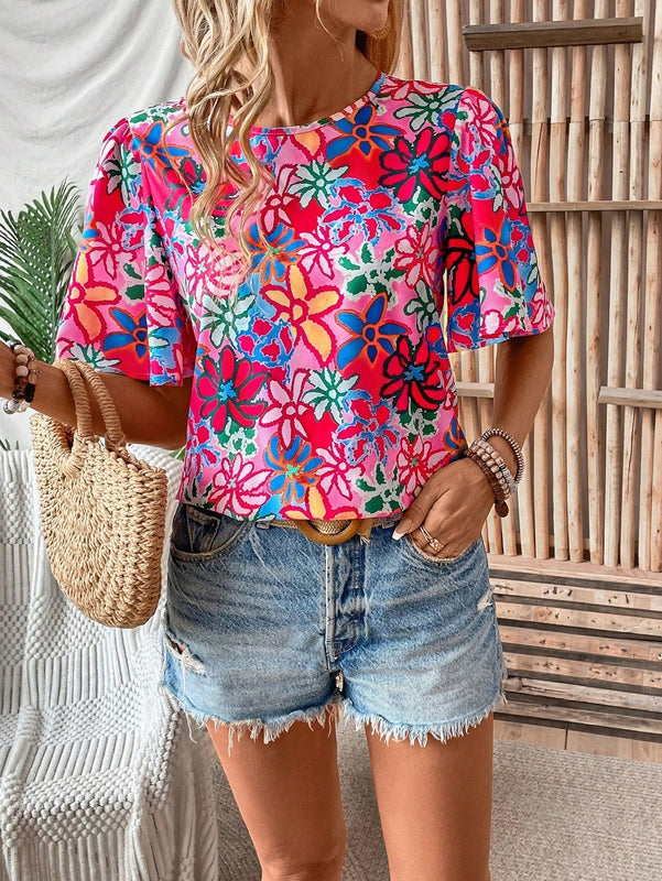 LUNE Camisa casual de verano estampada floral con cuello redondo