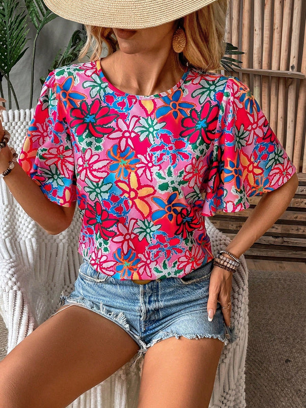 LUNE Camisa casual de verano estampada floral con cuello redondo