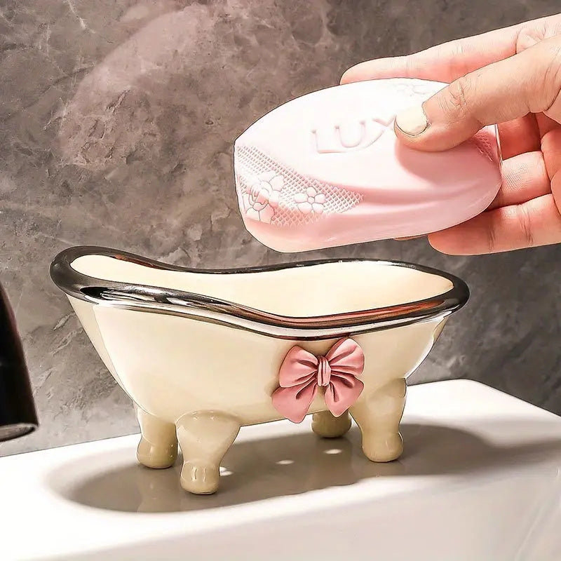 Portajabones ovalado encantador con moño rosa - Soporte para jabón de resina para baño, accesorio de baño creativo y lindo, portajabones con acabado brillante