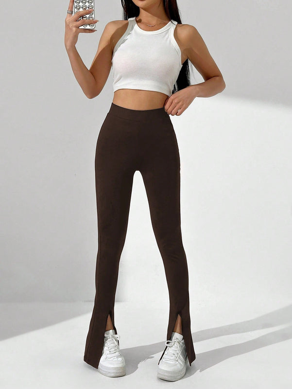EZwear Pantalones casuales de mujer de unicolor con abertura alta y ajustados