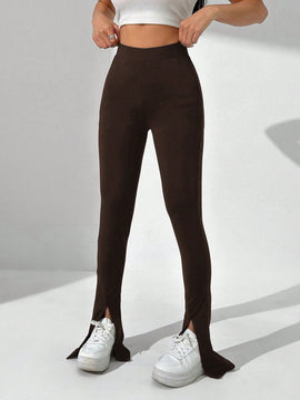 EZwear Pantalones casuales de mujer de unicolor con abertura alta y ajustados