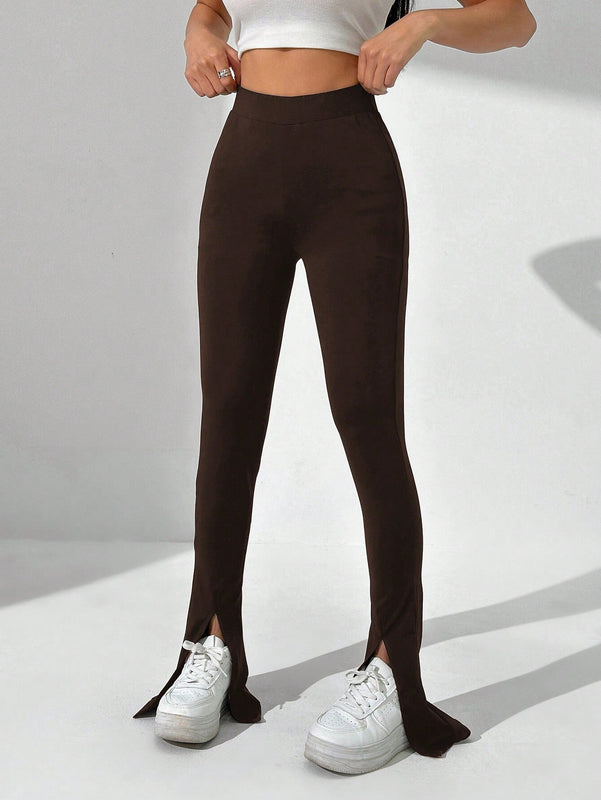 EZwear Pantalones casuales de mujer de unicolor con abertura alta y ajustados