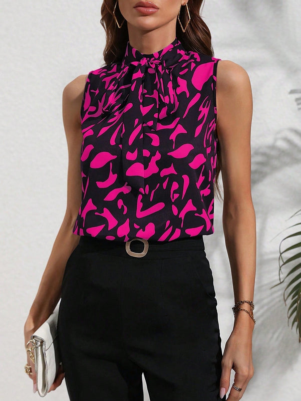 Clasi Camisa sin mangas estampada con lazo en la parte delantera para trajes casuales de primavera/verano