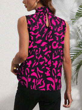 Clasi Camisa sin mangas estampada con lazo en la parte delantera para trajes casuales de primavera/verano
