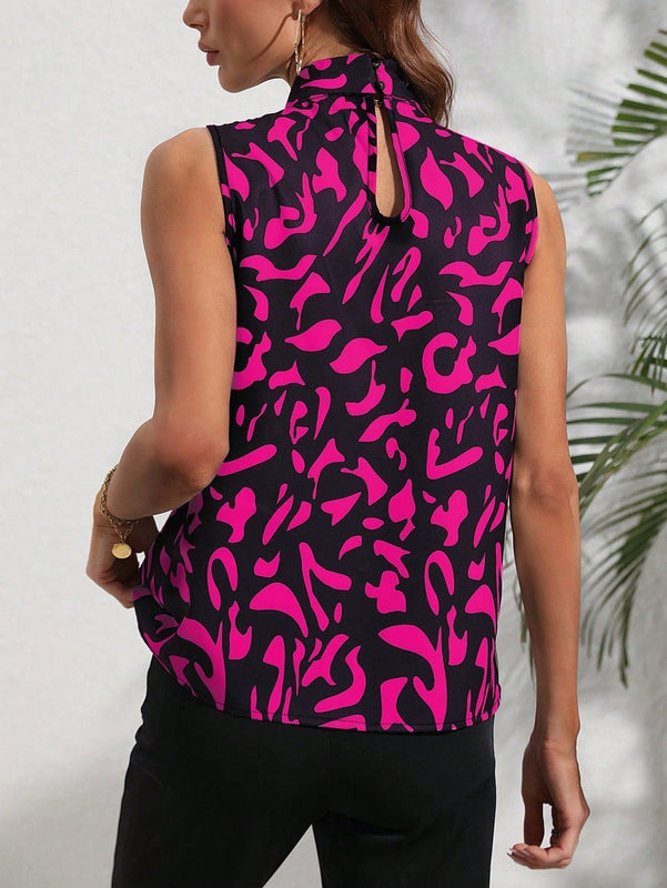 Clasi Camisa sin mangas estampada con lazo en la parte delantera para trajes casuales de primavera/verano