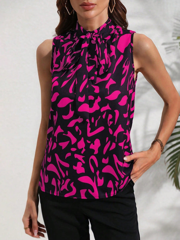 Clasi Camisa sin mangas estampada con lazo en la parte delantera para trajes casuales de primavera/verano