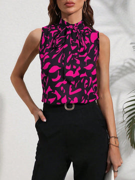 Clasi Camisa sin mangas estampada con lazo en la parte delantera para trajes casuales de primavera/verano