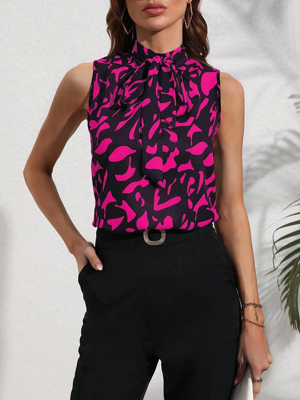 Clasi Camisa sin mangas estampada con lazo en la parte delantera para trajes casuales de primavera/verano