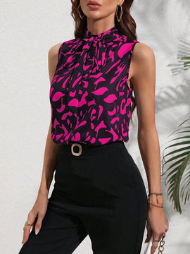 Clasi Camisa sin mangas estampada con lazo en la parte delantera para trajes casuales de primavera/verano