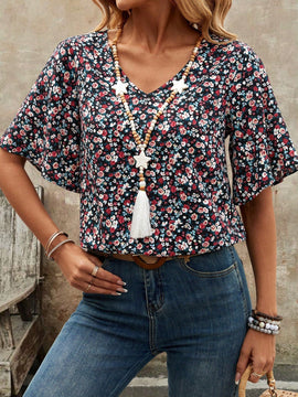 EMERY ROSE Camiseta de manga corta con cuello redondo para mujer con patron de estampado floral para verano