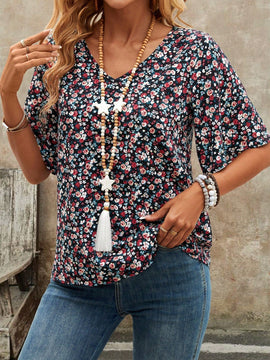 EMERY ROSE Camiseta de manga corta con cuello redondo para mujer con patron de estampado floral para verano