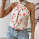 Blusa de vacaciones de ocio con estampado floral con escote halter