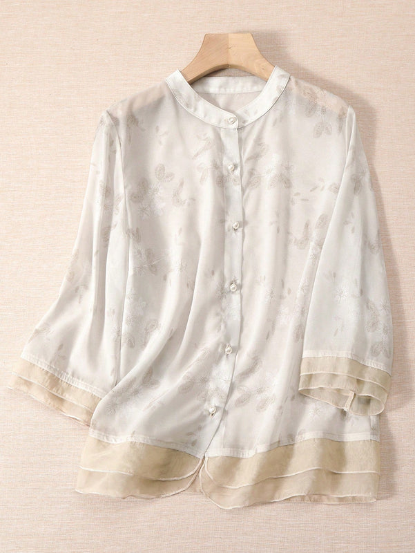 Prive Blusa elegante y sencilla de gasa de manga larga para mujer