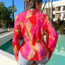 SXY Camisa veraniega con estampado tie-dye, suelta, transparente y con cuello con volantes