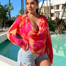 SXY Camisa veraniega con estampado tie-dye, suelta, transparente y con cuello con volantes