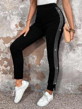 NEW EMERY ROSE Pantalones de pierna recta sencillos para mujer con decoracion de pedreria