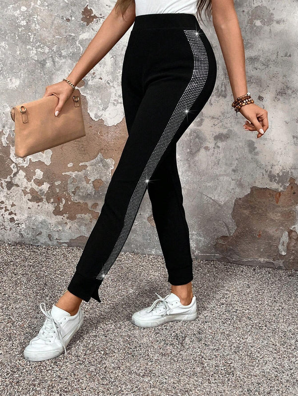 NEW EMERY ROSE Pantalones de pierna recta sencillos para mujer con decoracion de pedreria