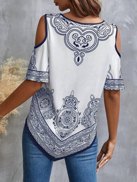 LUNE Camisa floja de hombros descubiertos con estampado floral para mujeres en vacaciones de verano