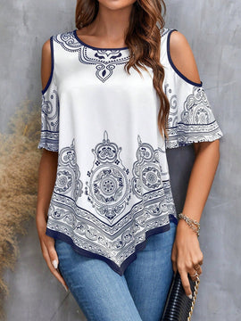 LUNE Camisa floja de hombros descubiertos con estampado floral para mujeres en vacaciones de verano