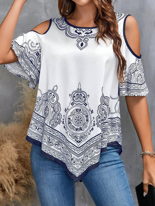 LUNE Camisa floja de hombros descubiertos con estampado floral para mujeres en vacaciones de verano