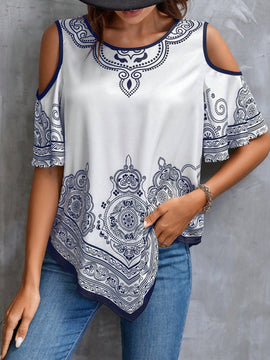 LUNE Camisa floja de hombros descubiertos con estampado floral para mujeres en vacaciones de verano