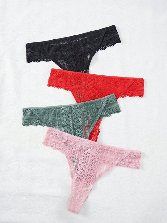 4-paquete de Tangas de Encaje para Mujeres, Tangas Sexys de unicolor para el Verano