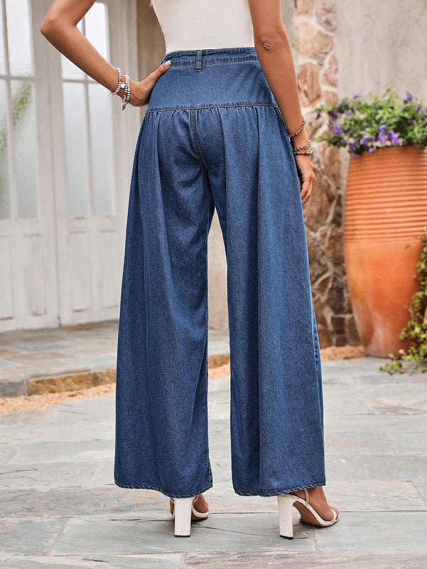 LUNE Jeans casuales de pierna ancha en unicolor con diseno de botones y bolsillos