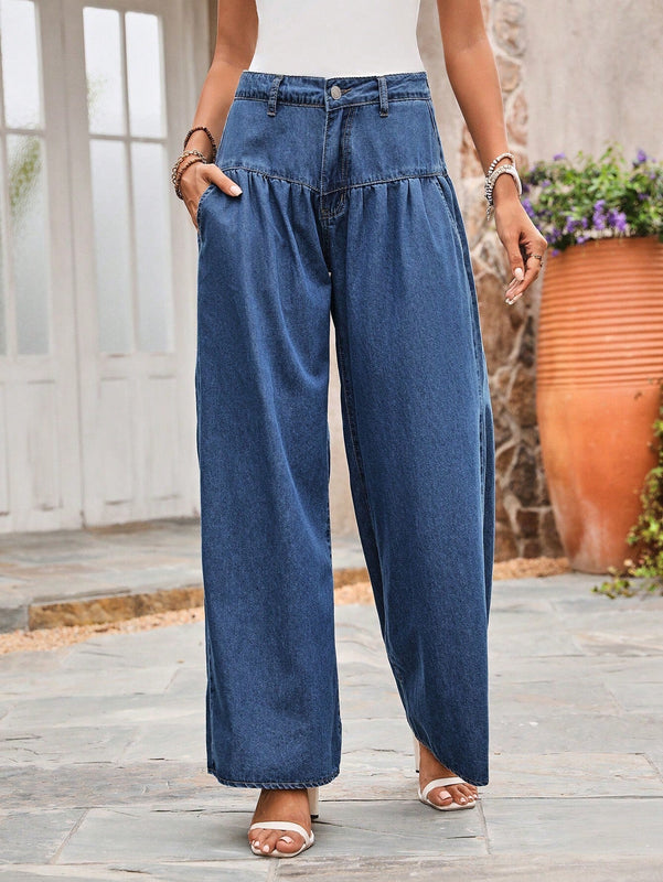 LUNE Jeans casuales de pierna ancha en unicolor con diseno de botones y bolsillos