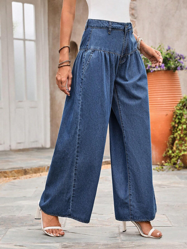 LUNE Jeans casuales de pierna ancha en unicolor con diseno de botones y bolsillos