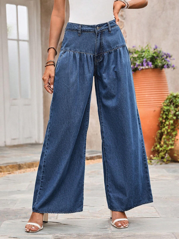 LUNE Jeans casuales de pierna ancha en unicolor con diseno de botones y bolsillos