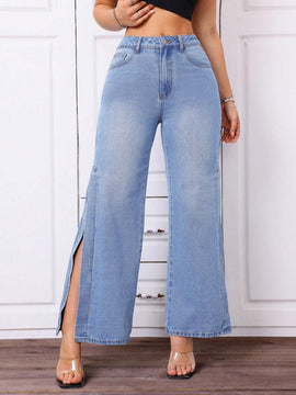 Essnce Jeans de pierna ancha con botones en la parte frontal y cintura alta y bolsillos