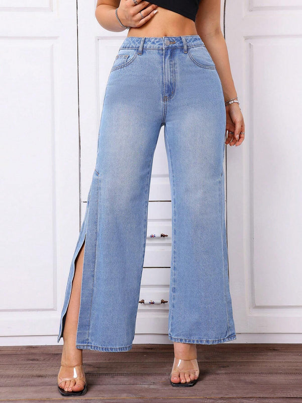 Essnce Jeans de pierna ancha con botones en la parte frontal y cintura alta y bolsillos