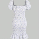 Vestido floral de manga farol con nudo delantero con fruncido bajo con fruncido