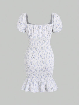 Vestido floral de manga farol con nudo delantero con fruncido bajo con fruncido