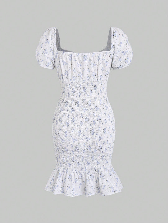 Vestido floral de manga farol con nudo delantero con fruncido bajo con fruncido