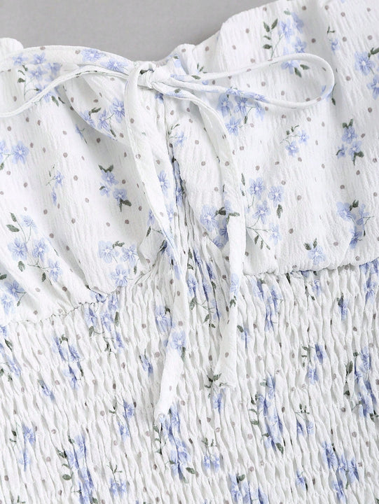 Vestido floral de manga farol con nudo delantero con fruncido bajo con fruncido