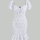 Vestido floral de manga farol con nudo delantero con fruncido bajo con fruncido
