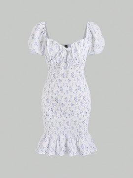Vestido floral de manga farol con nudo delantero con fruncido bajo con fruncido