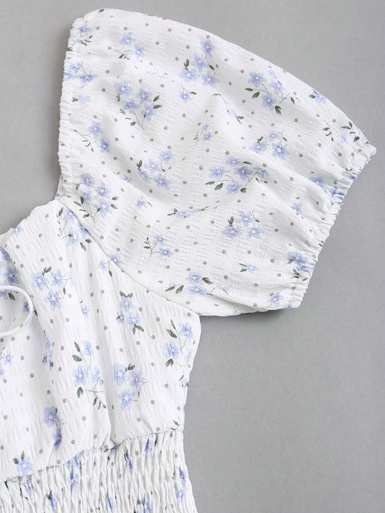 Vestido floral de manga farol con nudo delantero con fruncido bajo con fruncido