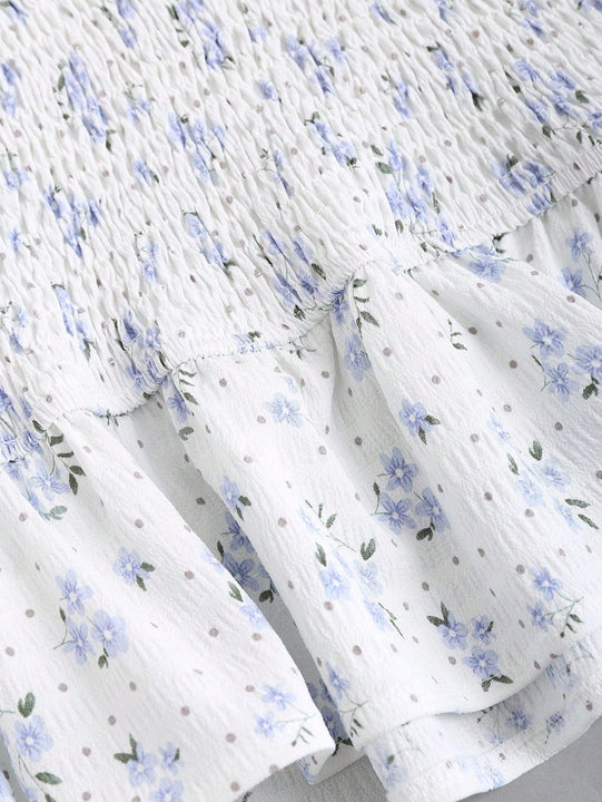 Vestido floral de manga farol con nudo delantero con fruncido bajo con fruncido