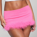 BAE Falda corta super corta de cintura baja para el verano con borde decorado de plumas rosadas, bonito conjunto de festival de musica en el campo y de calle