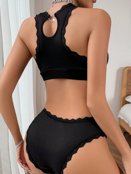 Conjunto de lenceria de 2 piezas para mujer, comodo, con encaje de contraste y ribete acanalado