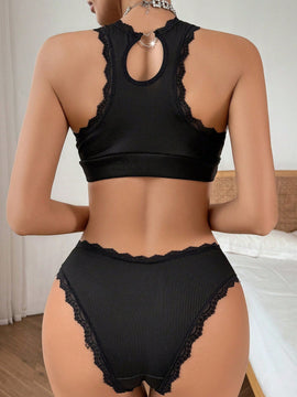 Conjunto de lenceria de 2 piezas para mujer, comodo, con encaje de contraste y ribete acanalado